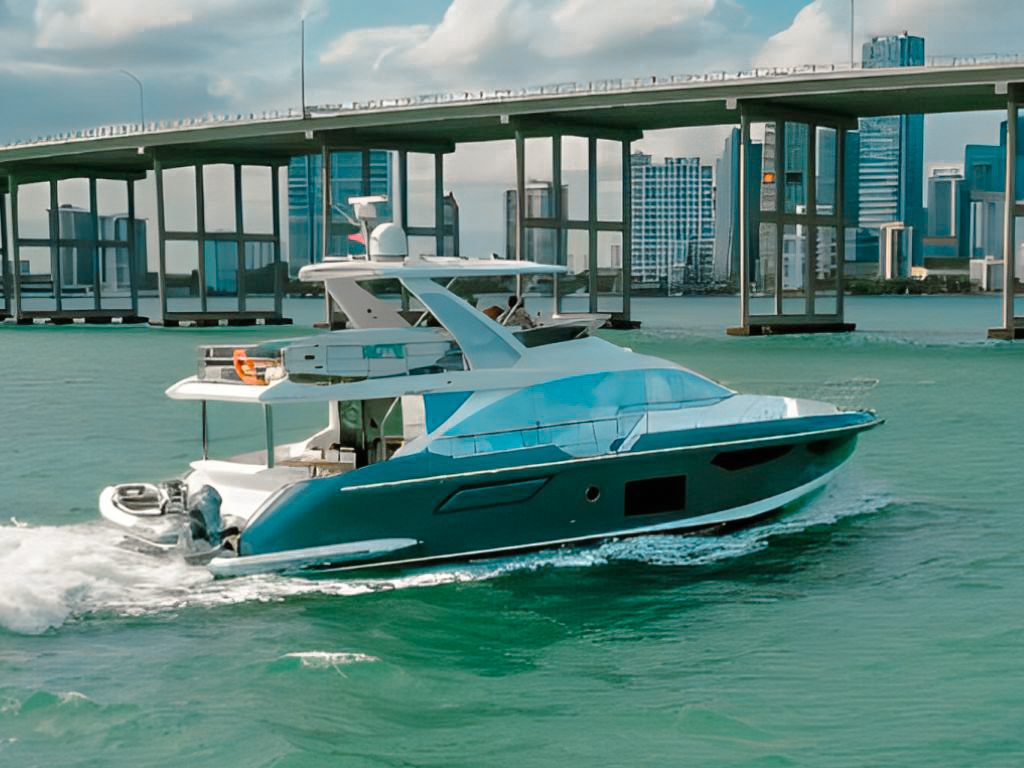 Front view of the 60 Azimut II yacht docked with a blue hull