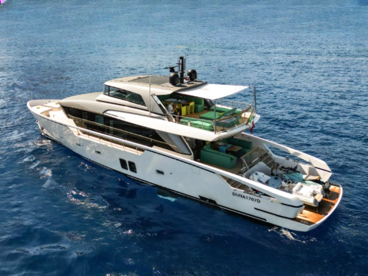 Brand new 90ft SanLorenzo yacht docked in Naples, Italy, ready for luxury private charters.