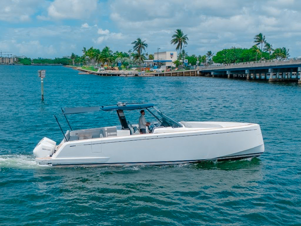 The new 38 Pardo private yacht cruising the turquoise waters of Miami, Florida.