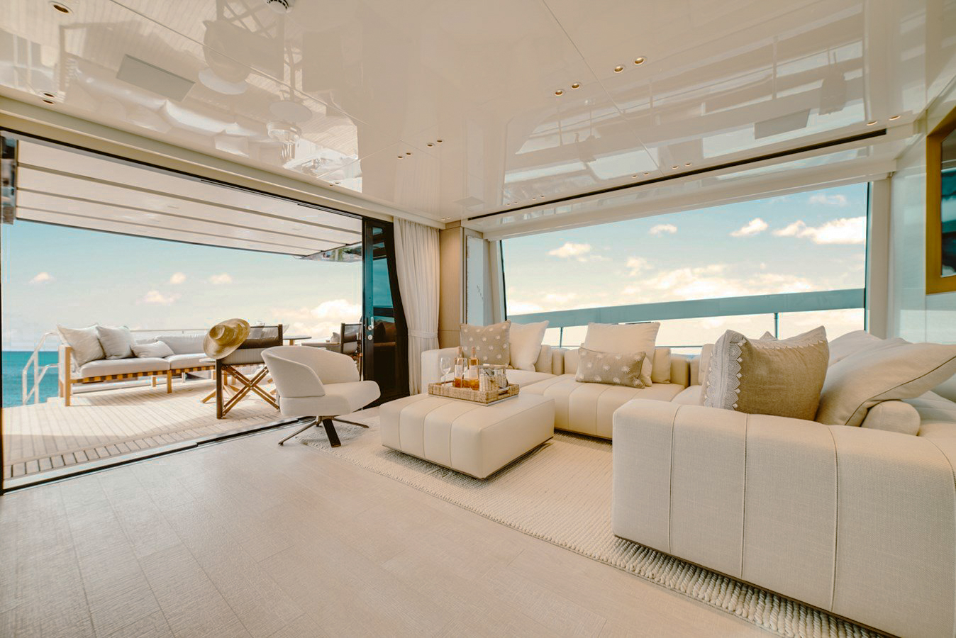 Stern of the 76 San Lorenzo yacht with tender at sunset