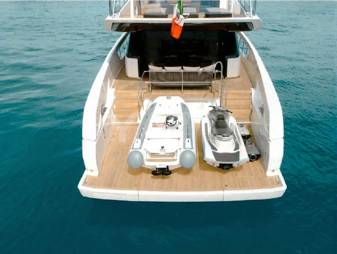 Bow of the 76 San Lorenzo yacht at sunset