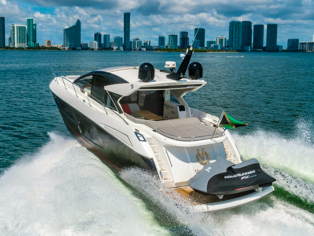 Exterior bow of the 57 Sunseeker showing comfortable seating and views