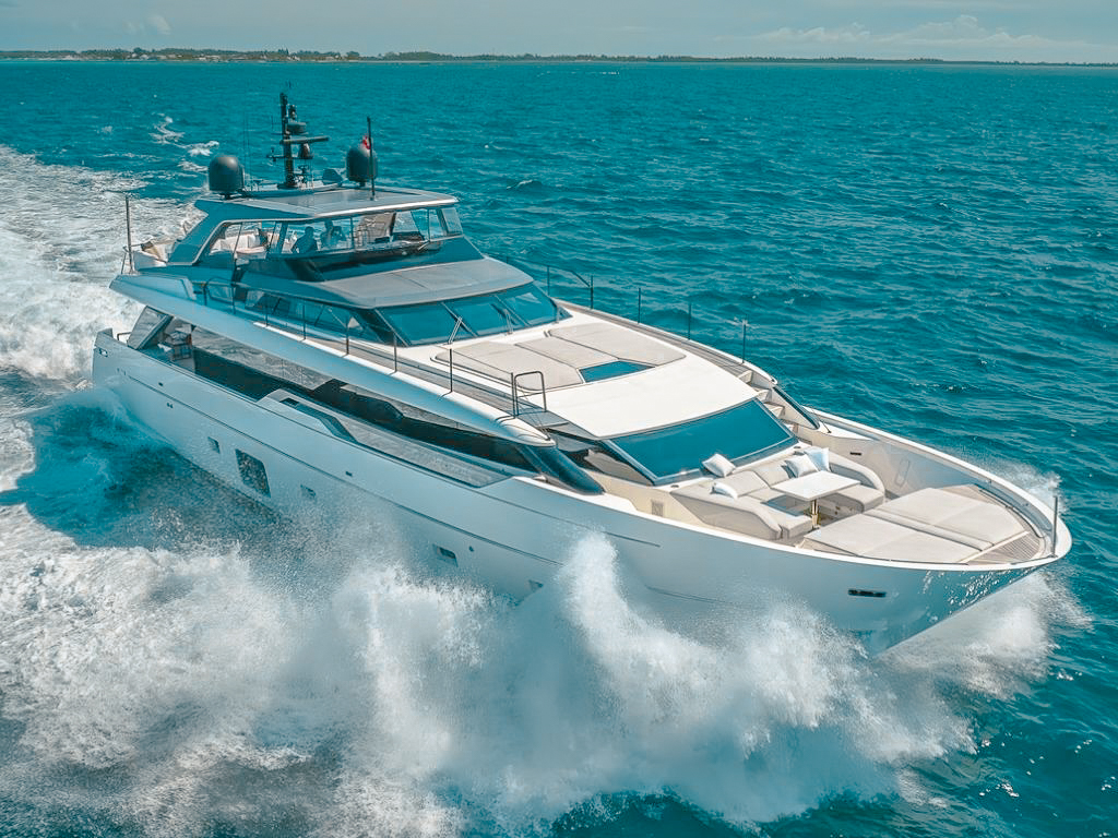Exclusive 97ft San Lorenzo yacht cruising the sparkling blue waters of The Bahamas