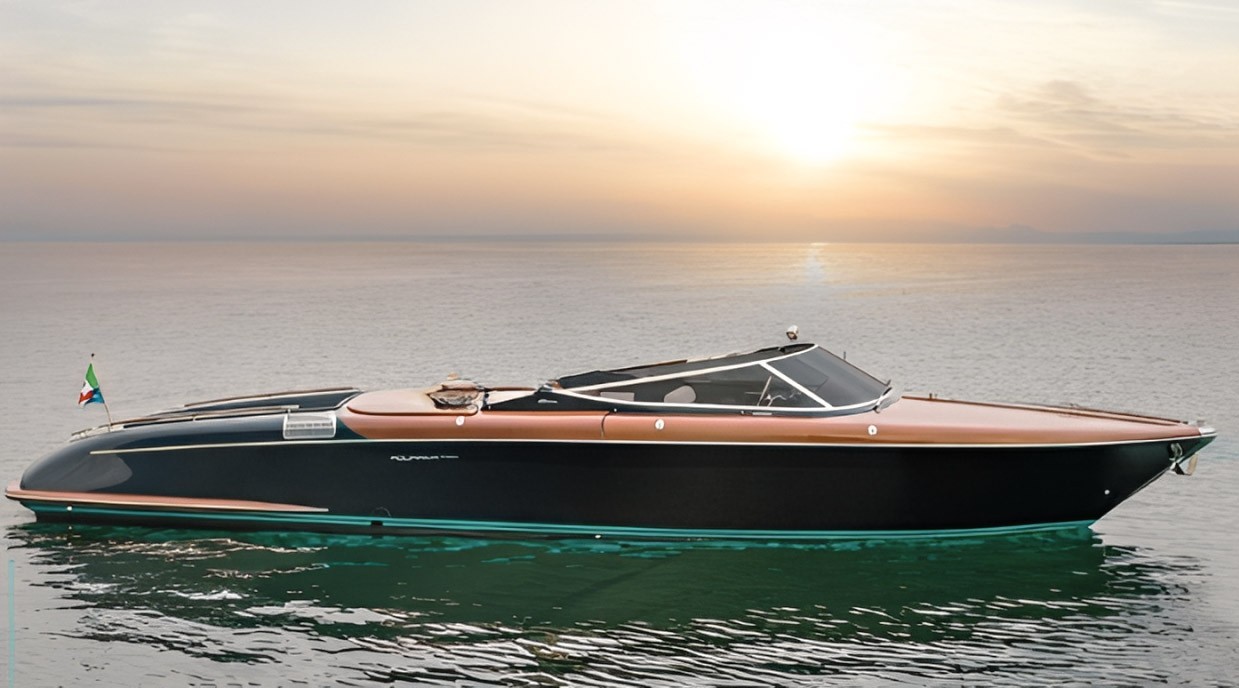 A luxurious 33ft Riva Aquariva Super yacht cruising off the coast of Italy on a sunny day.