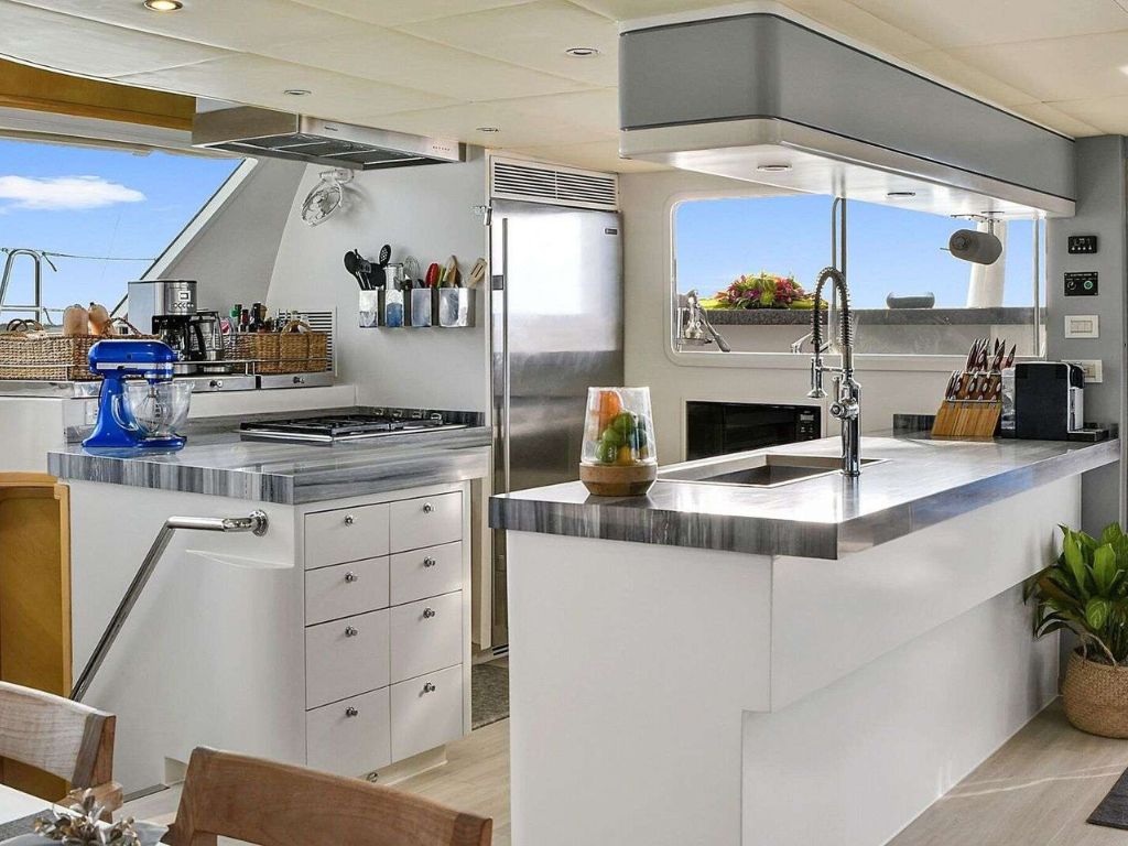 83 Prout yacht front deck with trampoline nets