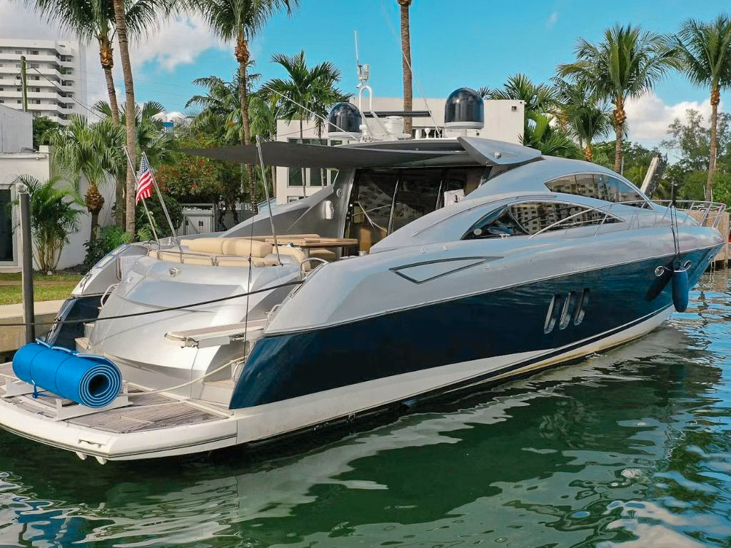 Luxurious 72ft Sunseeker yacht docked in Miami, ready for private charter rentals.