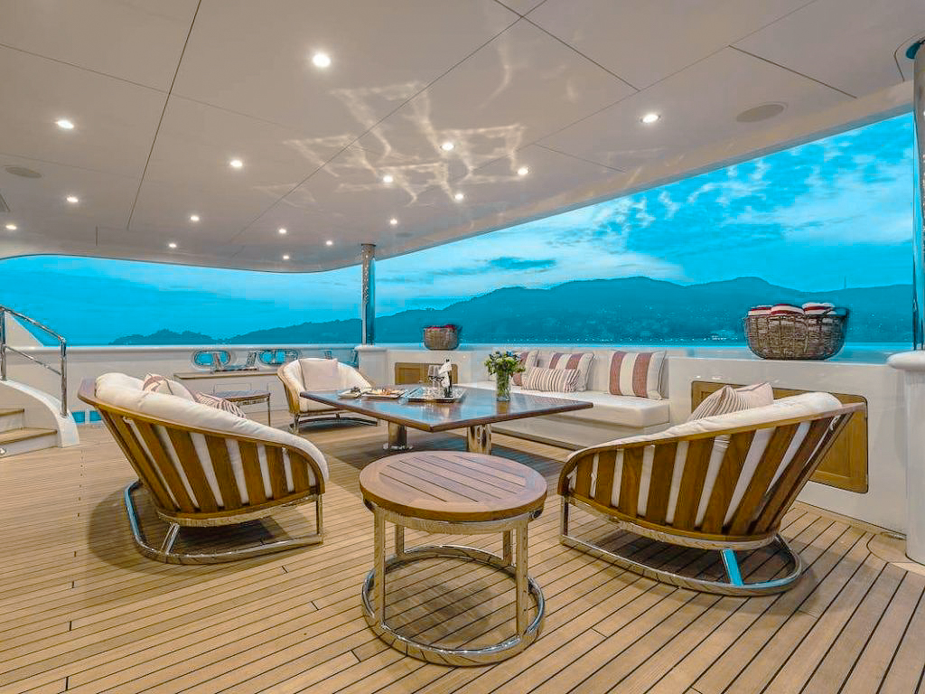Bow of the 147ft TBA 147 yacht showing spacious deck and seating area