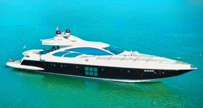 Luxury 86ft Azimut yacht docked in Miami, ready for charter with guests onboard.