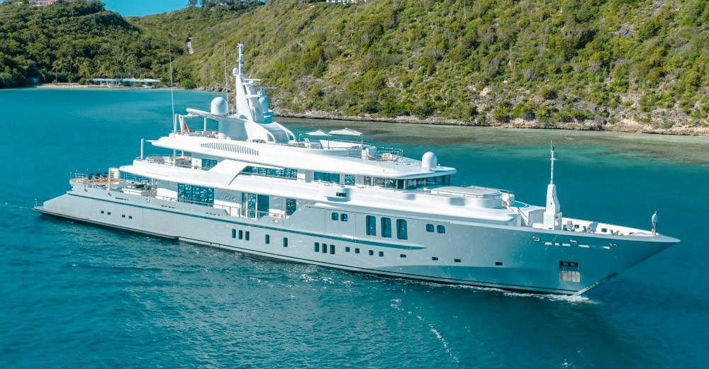 The magnificent 241ft Nobiskrug yacht sailing in the pristine waters of the Caribbean.