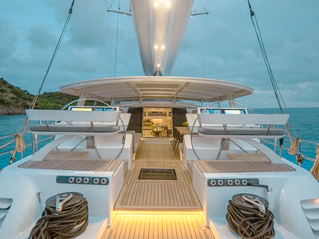 Interior dining area on 131 Custom Sail yacht