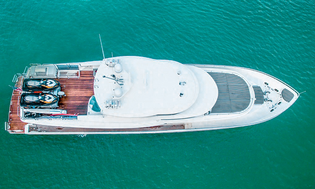 Comfortable seating on the flybridge of the 103 Johnson  yacht with ocean views