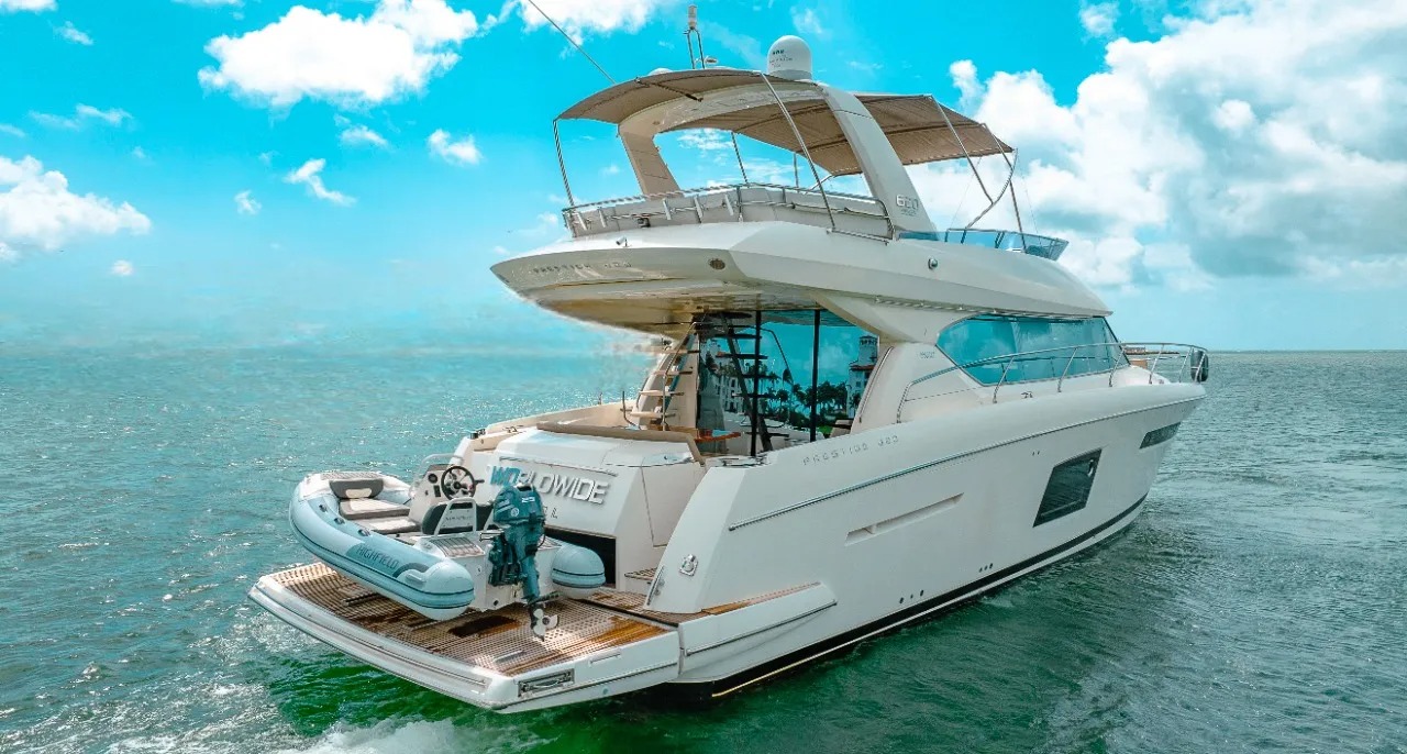 Luxurious 62ft Prestige yacht docked in Miami, ready for charter