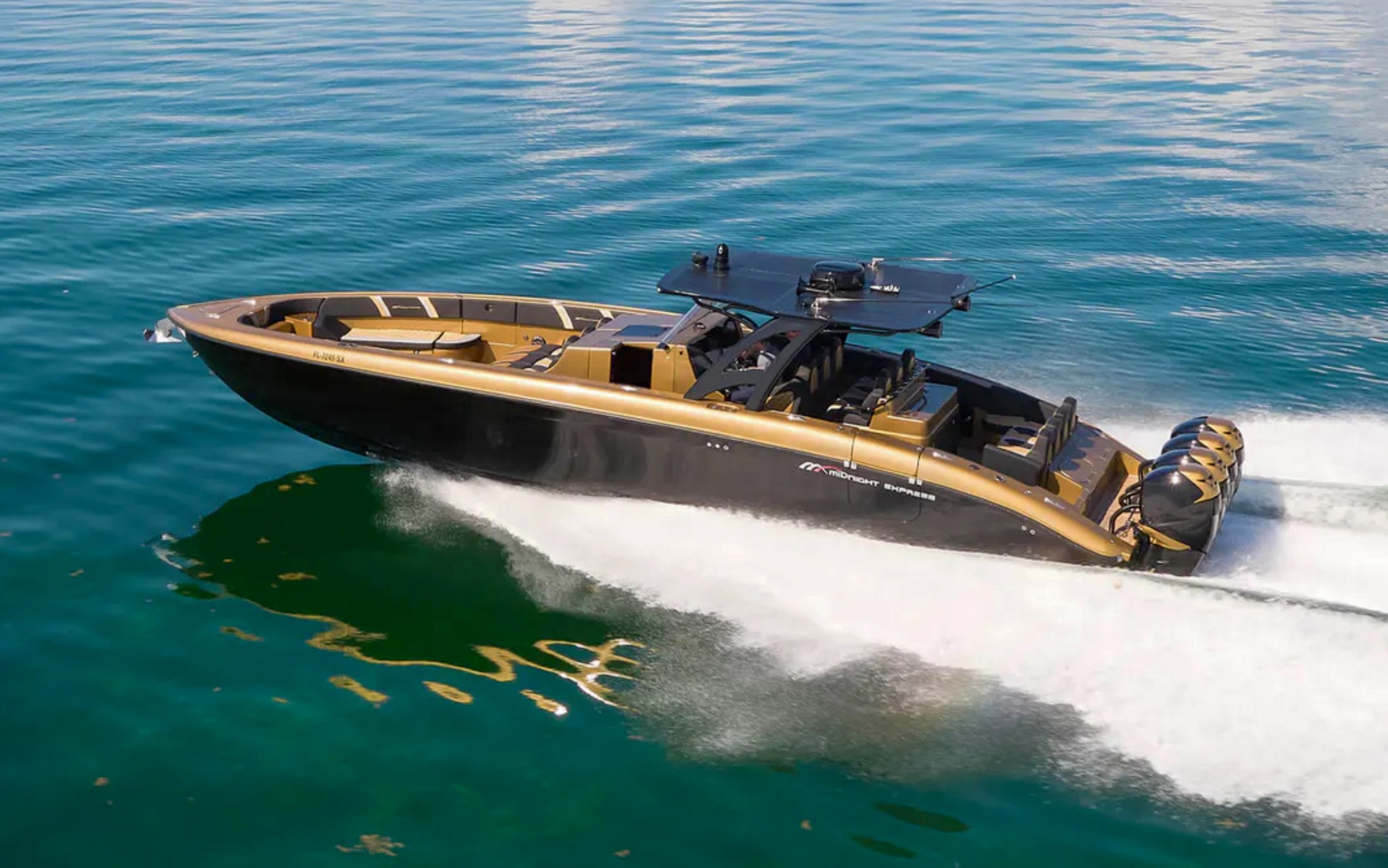 Brand new 43ft Midnight Express yacht docked and ready for charter in Miami's clear blue waters