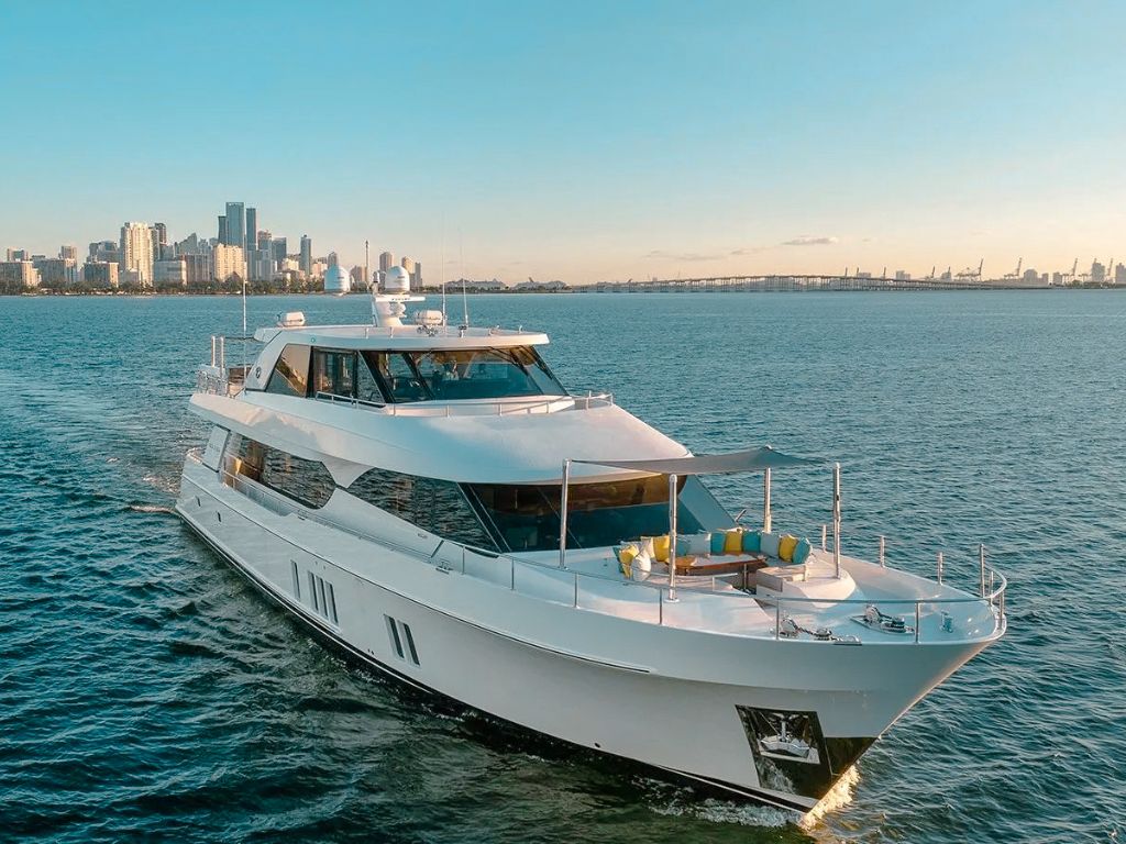 Top deck with sunpads on the 100 Ocean Alexander yacht in The Bahamas