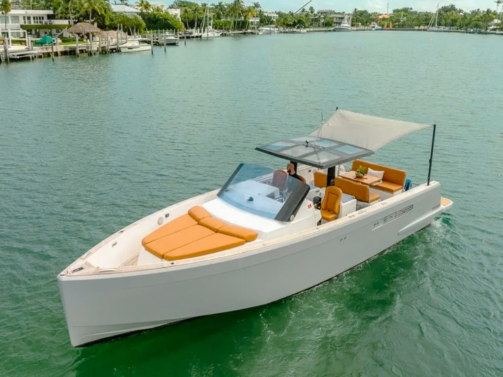 Luxurious 40ft Fjord yacht docked in Miami, ready for charter