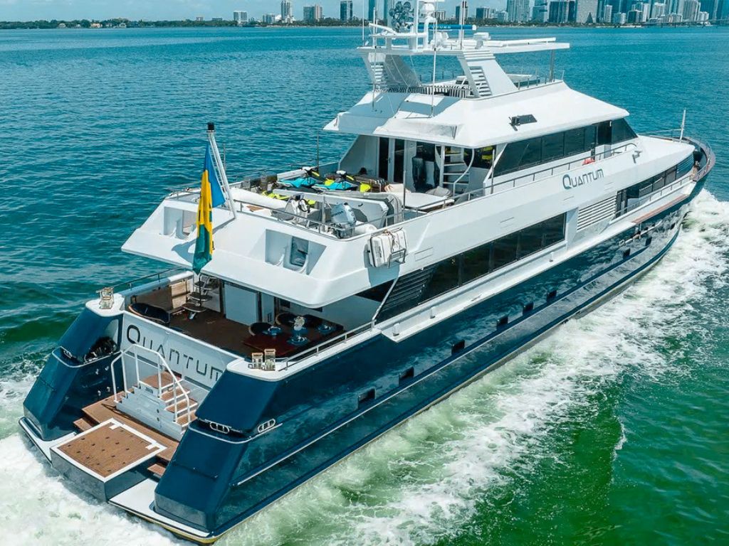 Luxury 125ft Broward motor yacht docked in Miami ready for charter
