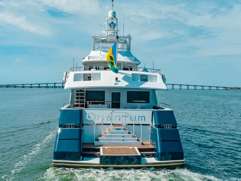 125 Broward yacht with Miami skyline in background