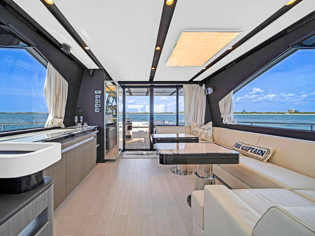 Front view of the 70 Azimut IV yacht's bow with seating