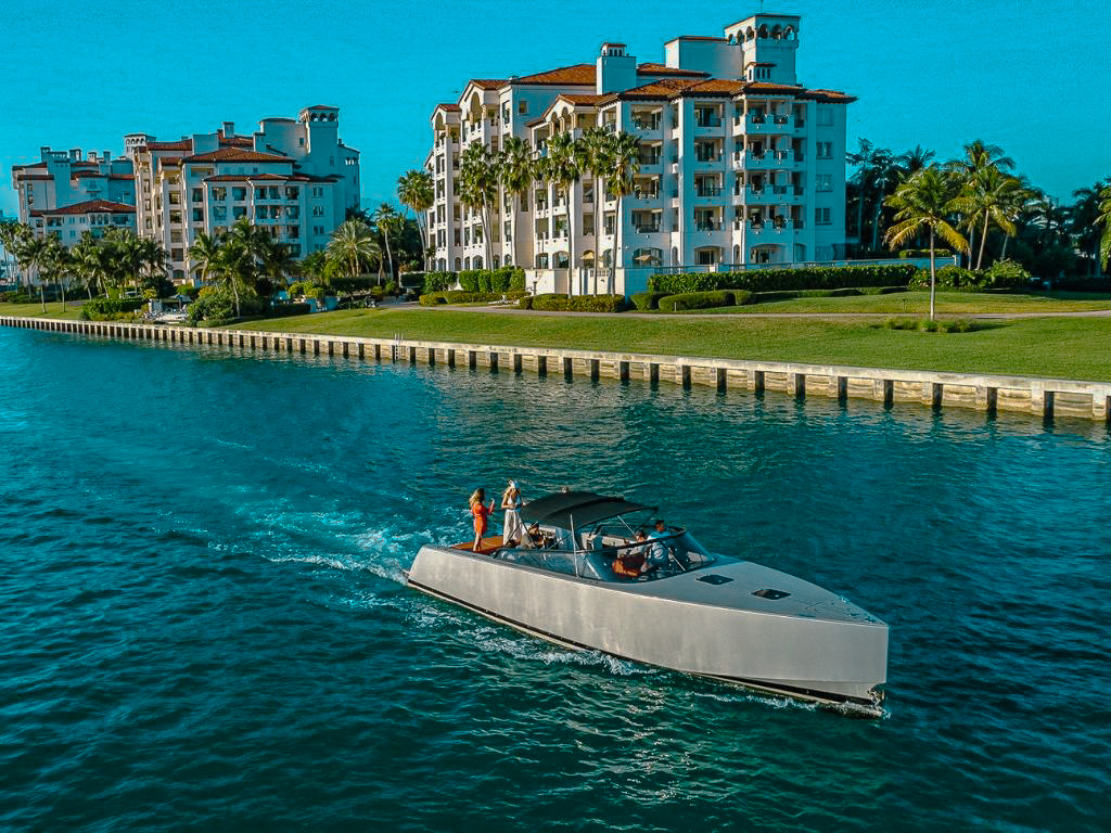 Exterior view of the sleek 40ft VanDutch II luxury yacht docked in Miami waters.